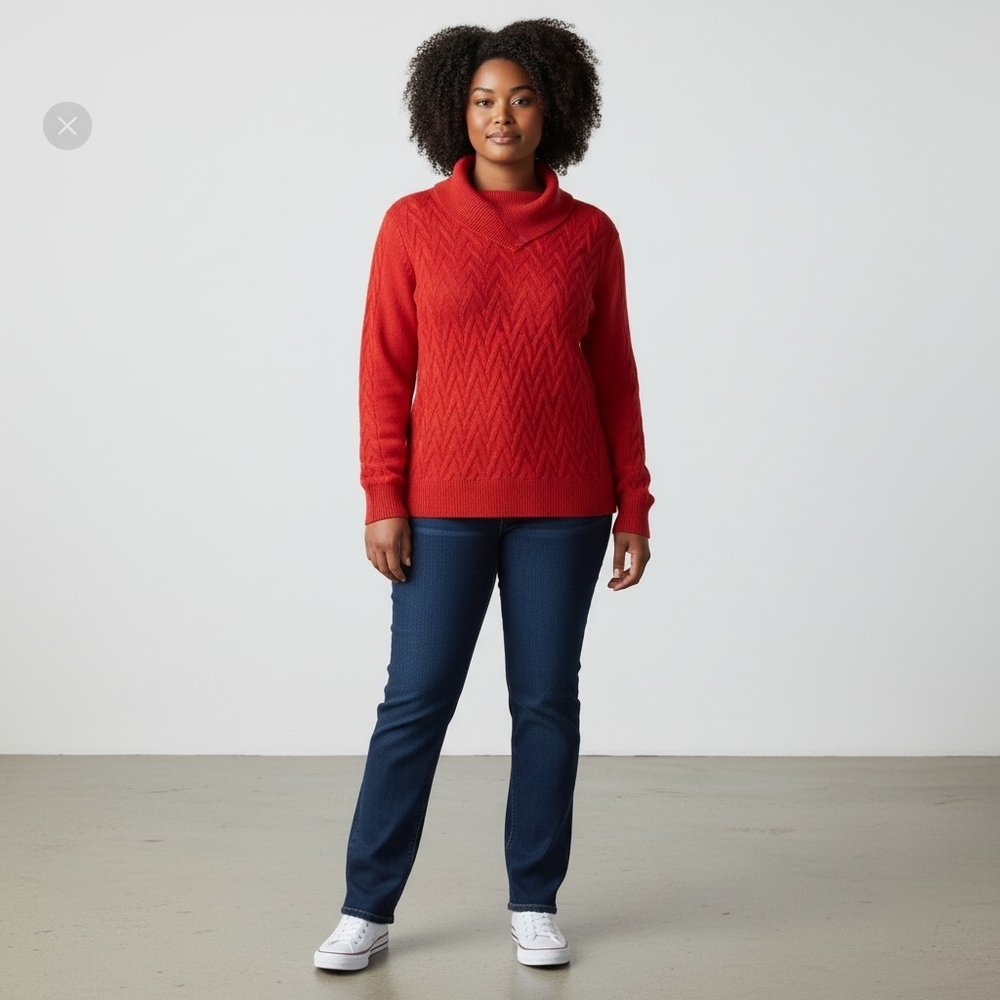 Lands' End Women Sweater Red Diamond Knit Folded Split Collar 100% Cotton Size L